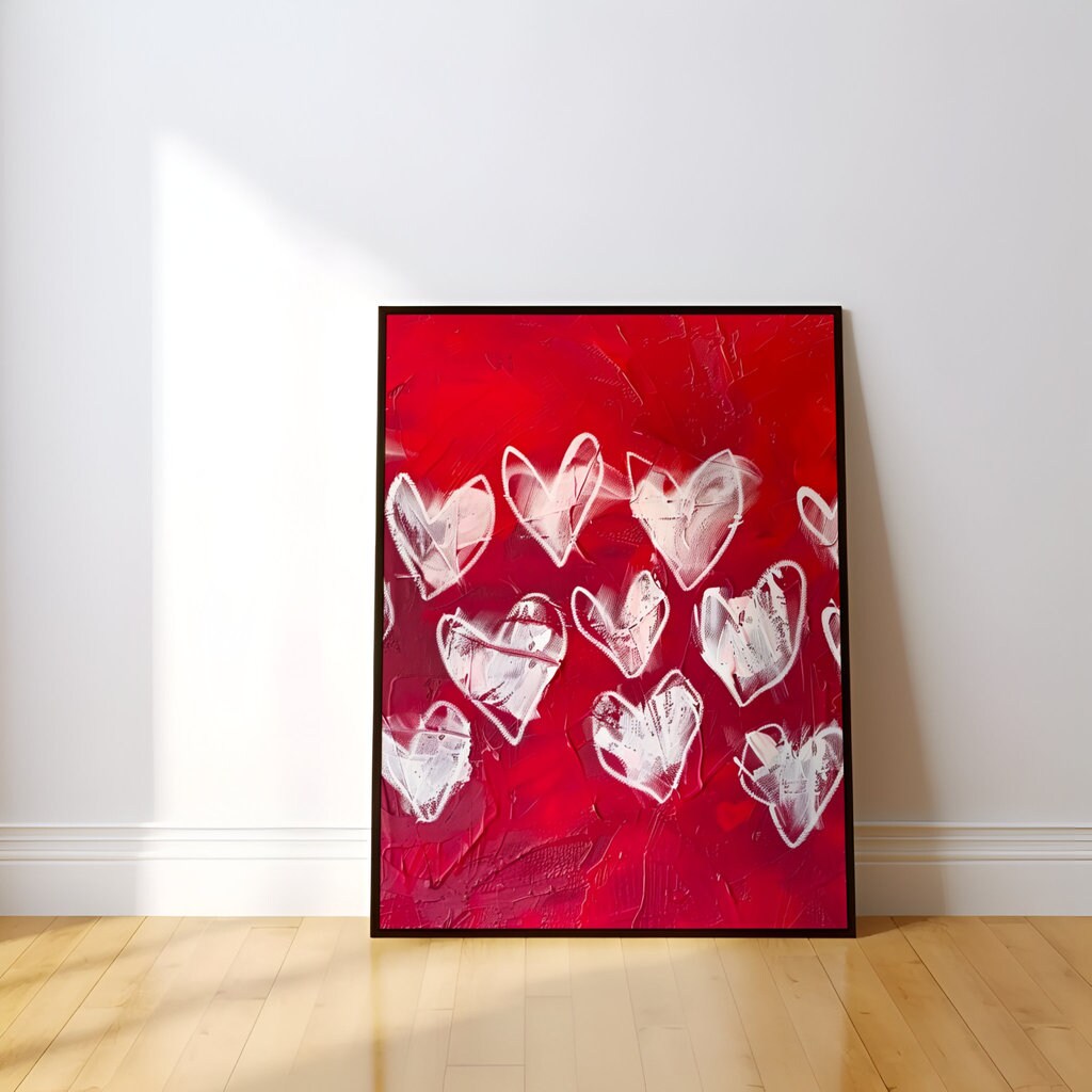 Hearts Ablaze: Expressive White Hearts on Red | Modern, Romantic & Passionate Wall Art