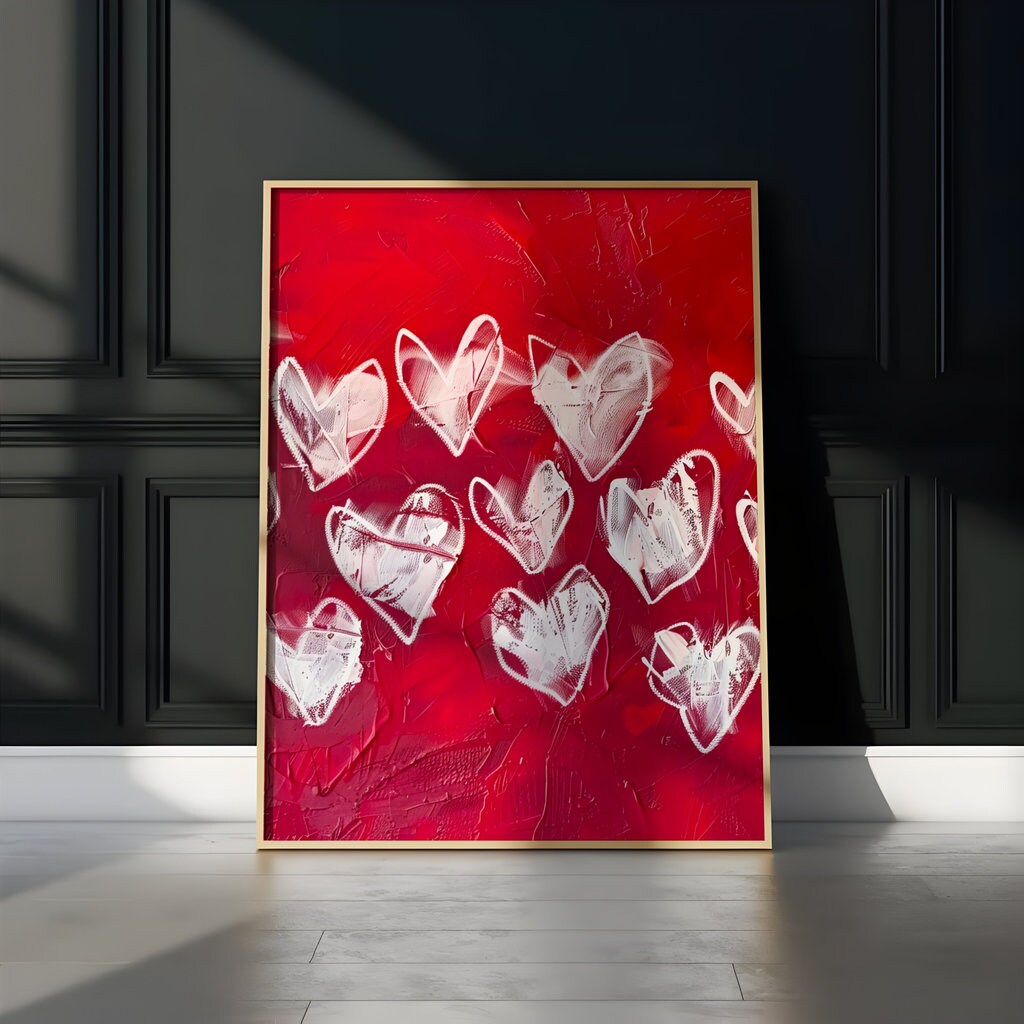 Hearts Ablaze: Expressive White Hearts on Red | Modern, Romantic & Passionate Wall Art