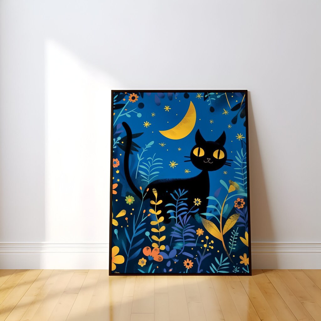 Moonlit Whimsy Black Cat in a Flower Field Interactive Wall Art