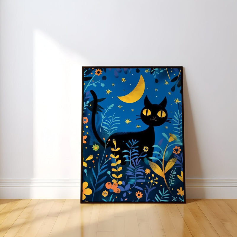 Folk Art Wall Decor – Whimsical Black Cat in Moonlit Flower Field Print