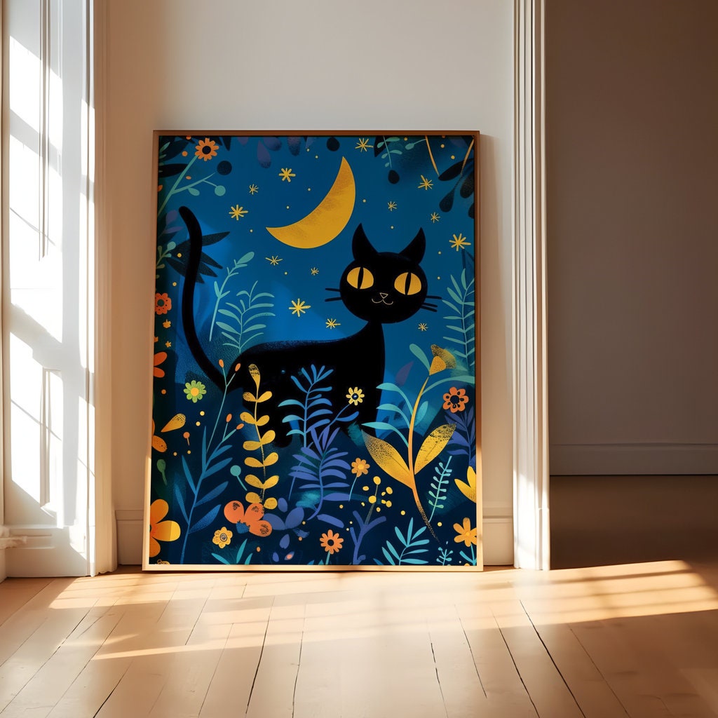 Moonlit Whimsy Black Cat in a Flower Field Interactive Wall Art