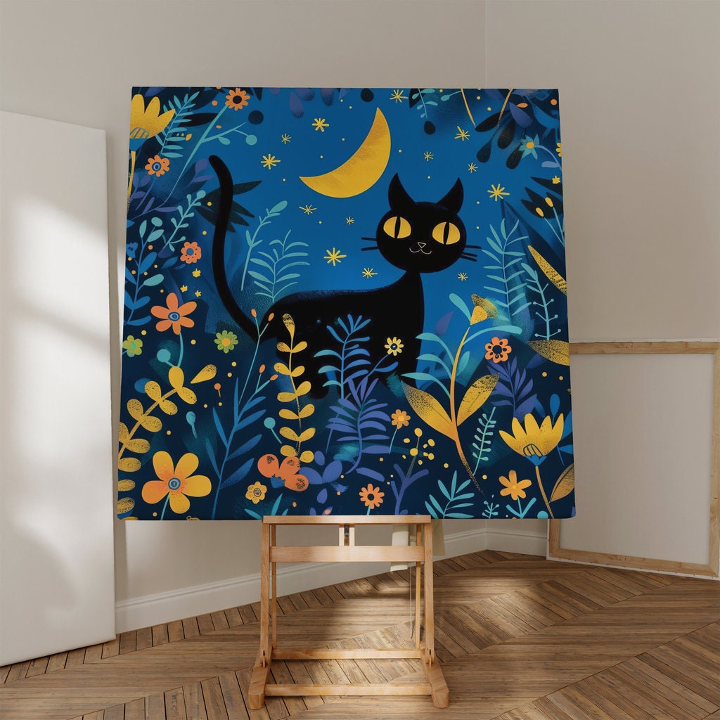 Moonlit Whimsy Black Cat in a Flower Field Interactive Wall Art