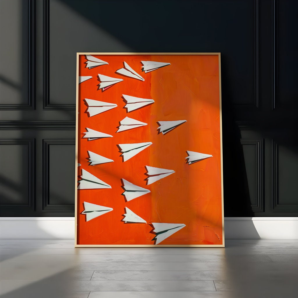 The Fleet: Playful Paper Airplane Art on Vibrant Orange | Modern & Inspirational Wall Decor