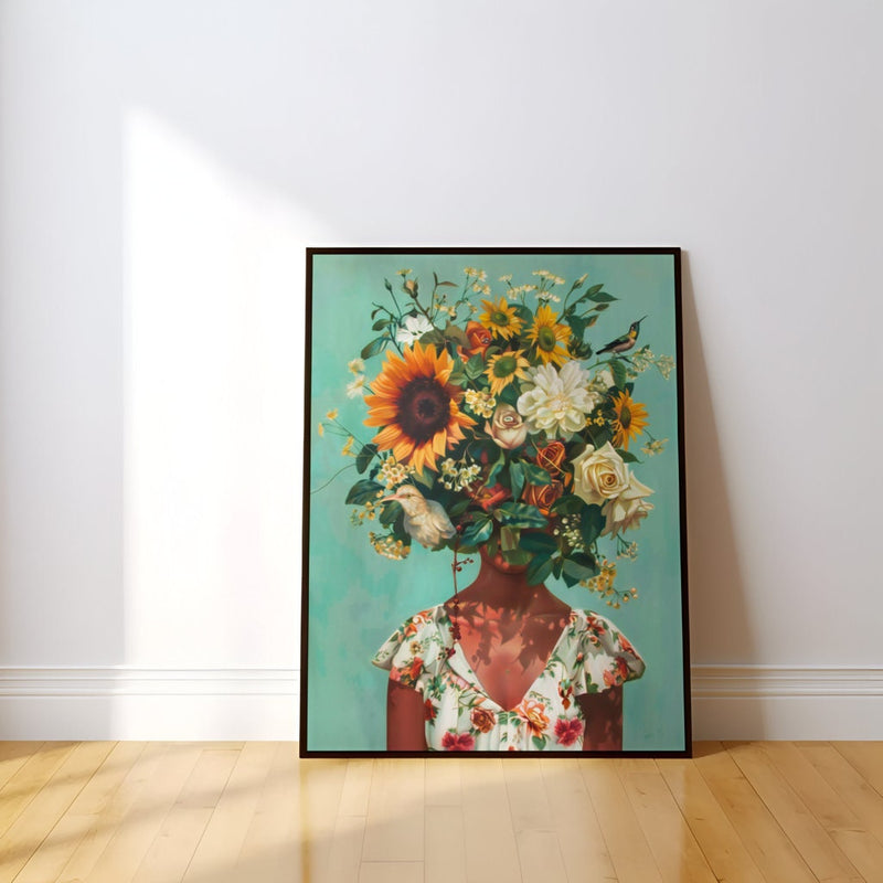 Surreal Floral Wall Art – Modern Woman Flower Bouquet | Vibrant Floral Head Portrait