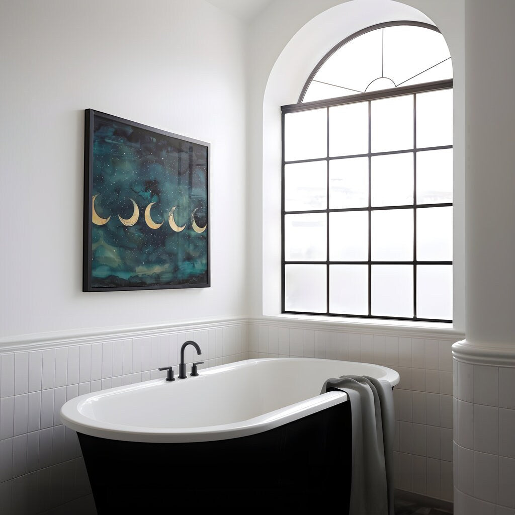 The Eternal Cycle: Watercolor Moon Phases on Starry Night | Celestial & Serene Wall Art