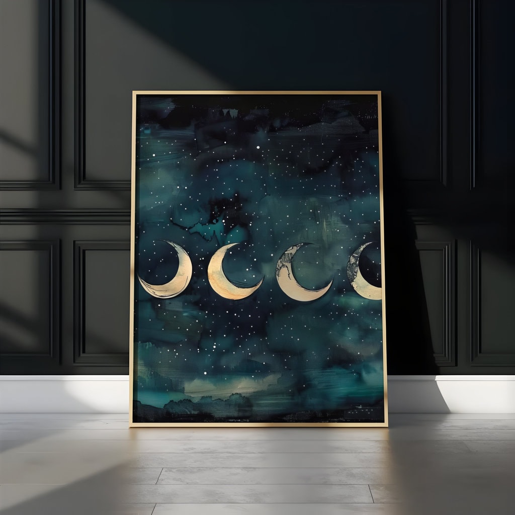 The Eternal Cycle: Watercolor Moon Phases on Starry Night | Celestial & Serene Wall Art