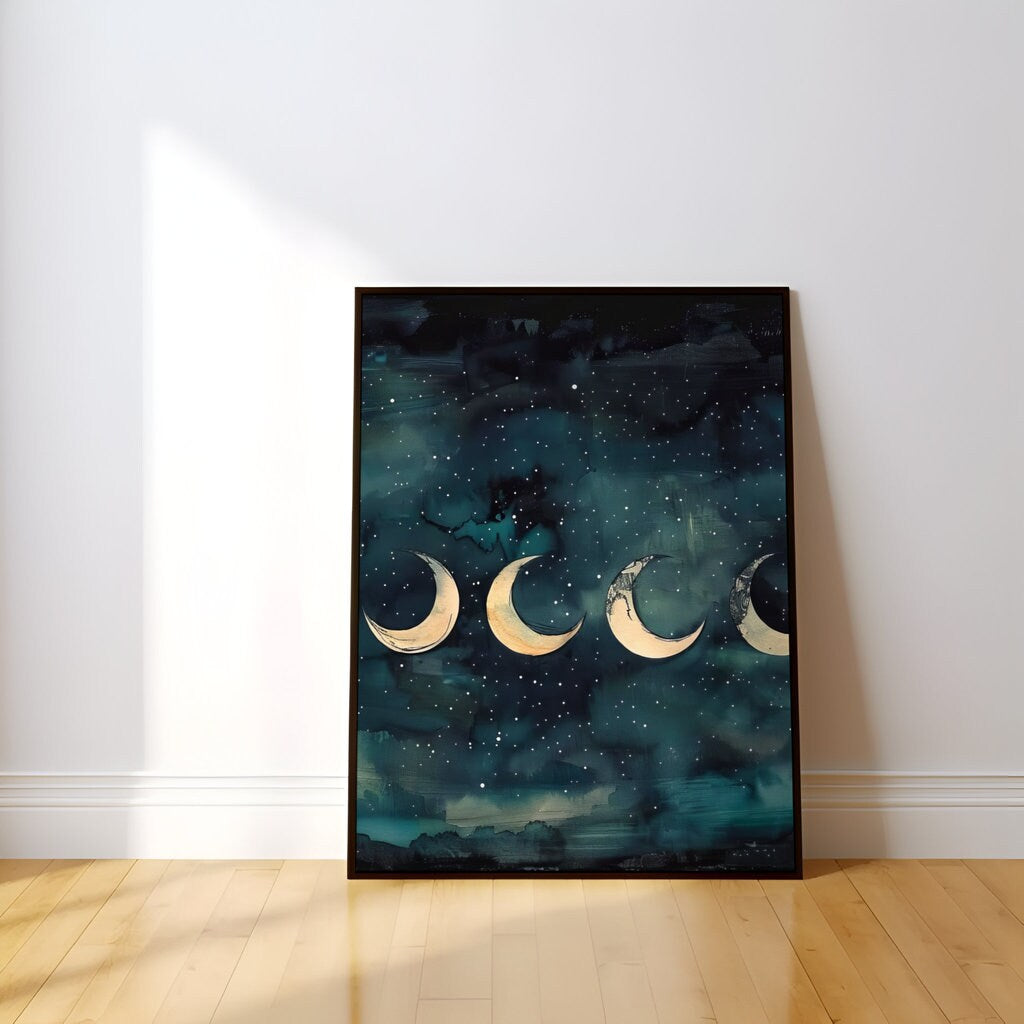 The Eternal Cycle: Watercolor Moon Phases on Starry Night | Celestial & Serene Wall Art