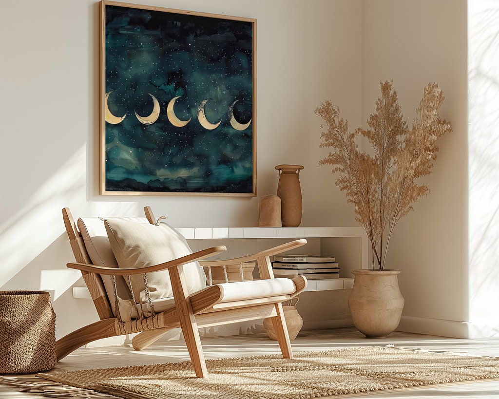 The Eternal Cycle: Watercolor Moon Phases on Starry Night | Celestial & Serene Wall Art