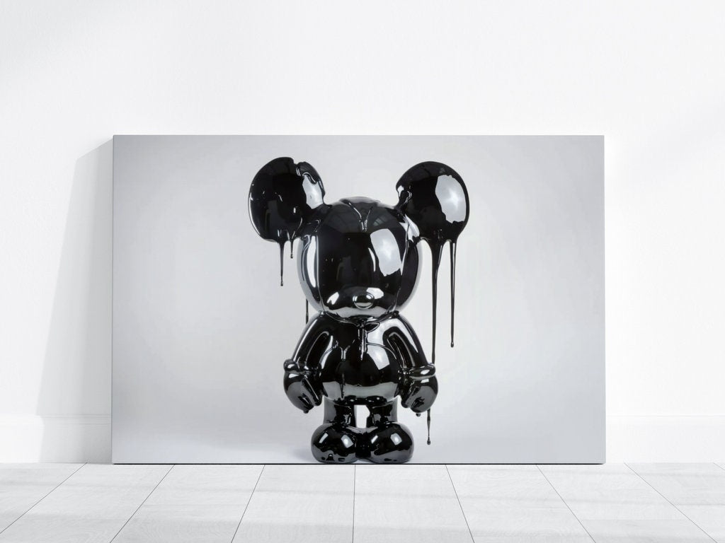 Photorealistic Black Mouse Sculpture Glossy and Dripping Wet Interactive Wall Art