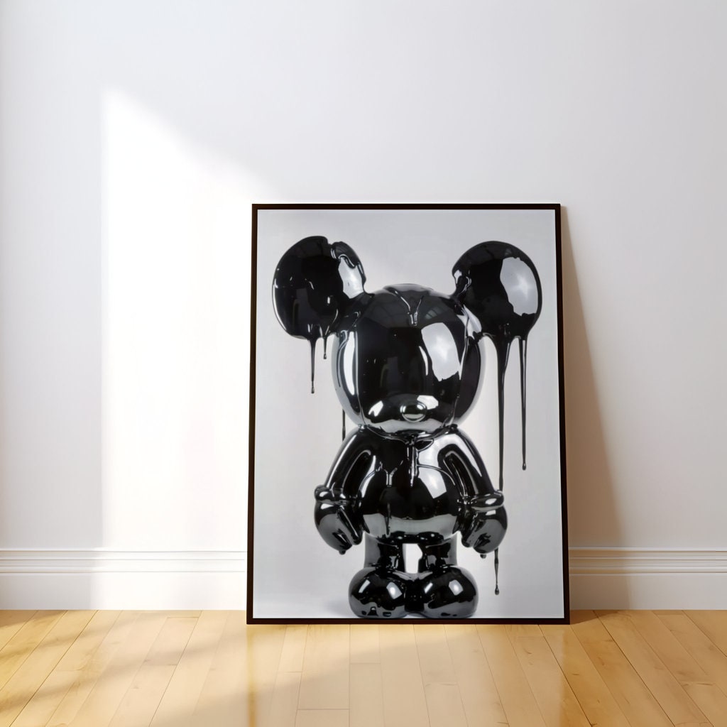 Photorealistic Black Mouse Sculpture Glossy and Dripping Wet Interactive Wall Art