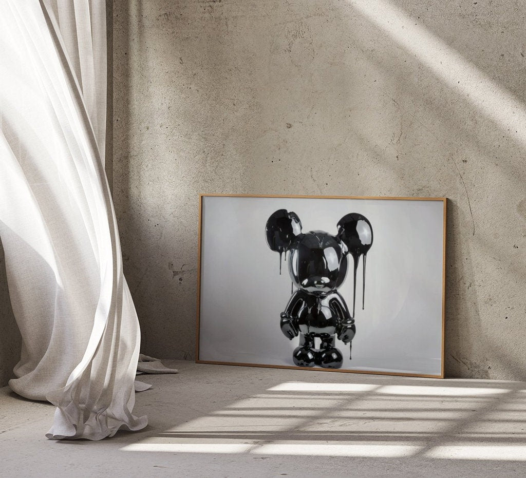 Photorealistic Black Mouse Sculpture Glossy and Dripping Wet Interactive Wall Art