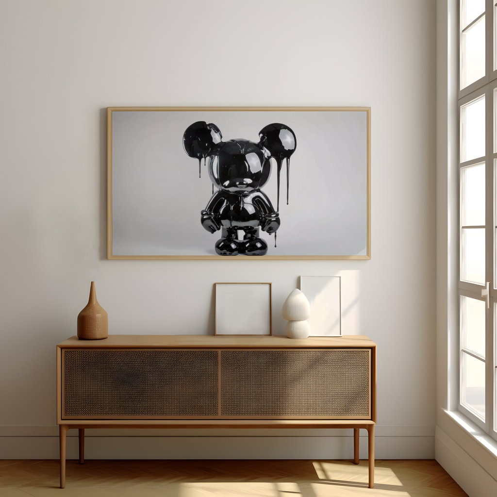 Photorealistic Black Mouse Sculpture Glossy and Dripping Wet Interactive Wall Art