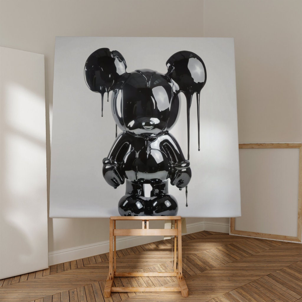 Photorealistic Black Mouse Sculpture Glossy and Dripping Wet Interactive Wall Art