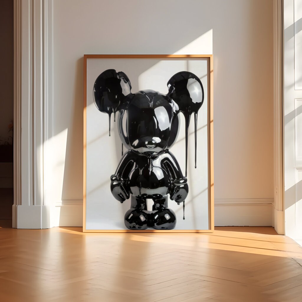 Photorealistic Black Mouse Sculpture Glossy and Dripping Wet Interactive Wall Art