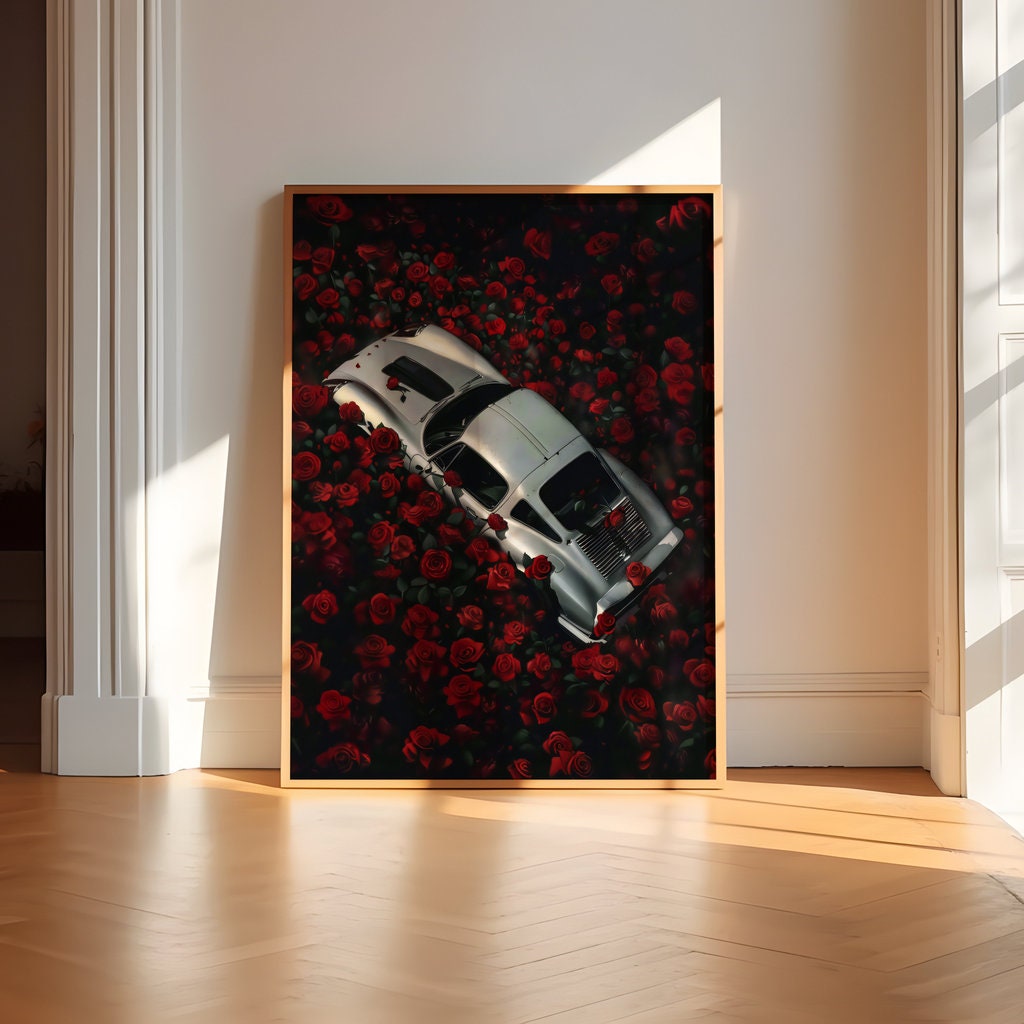 Vintage Car Amidst Red Roses Cinematic Romantic Interactive Wall Art