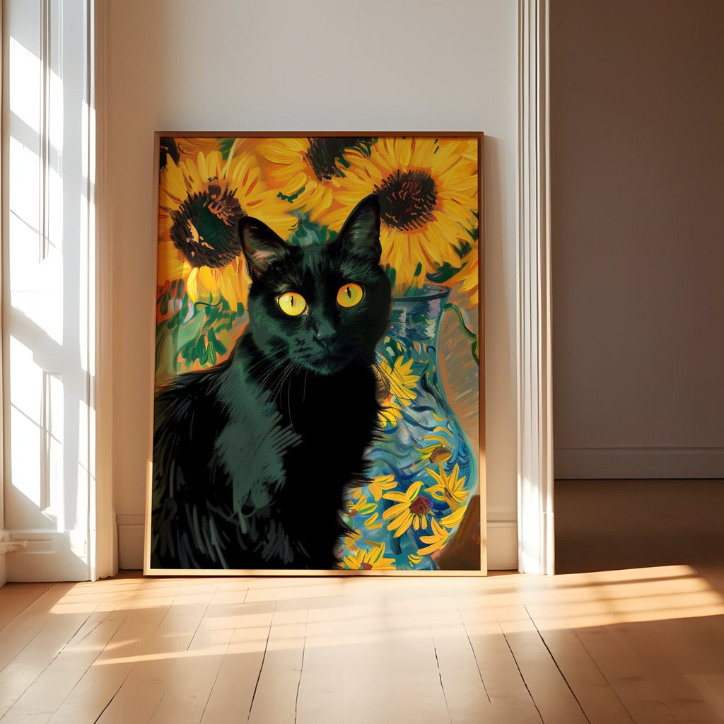 Sunflower Sentinel: Black Cat with Yellow Eyes & Sunflowers | Vibrant Impressionist Wall Art