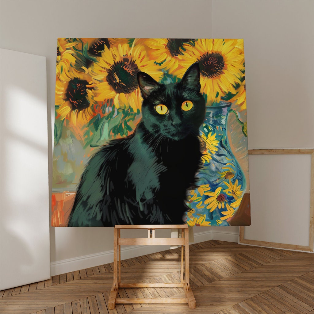 Sunflower Sentinel Black Cat and Blossoms Interactive Wall Art