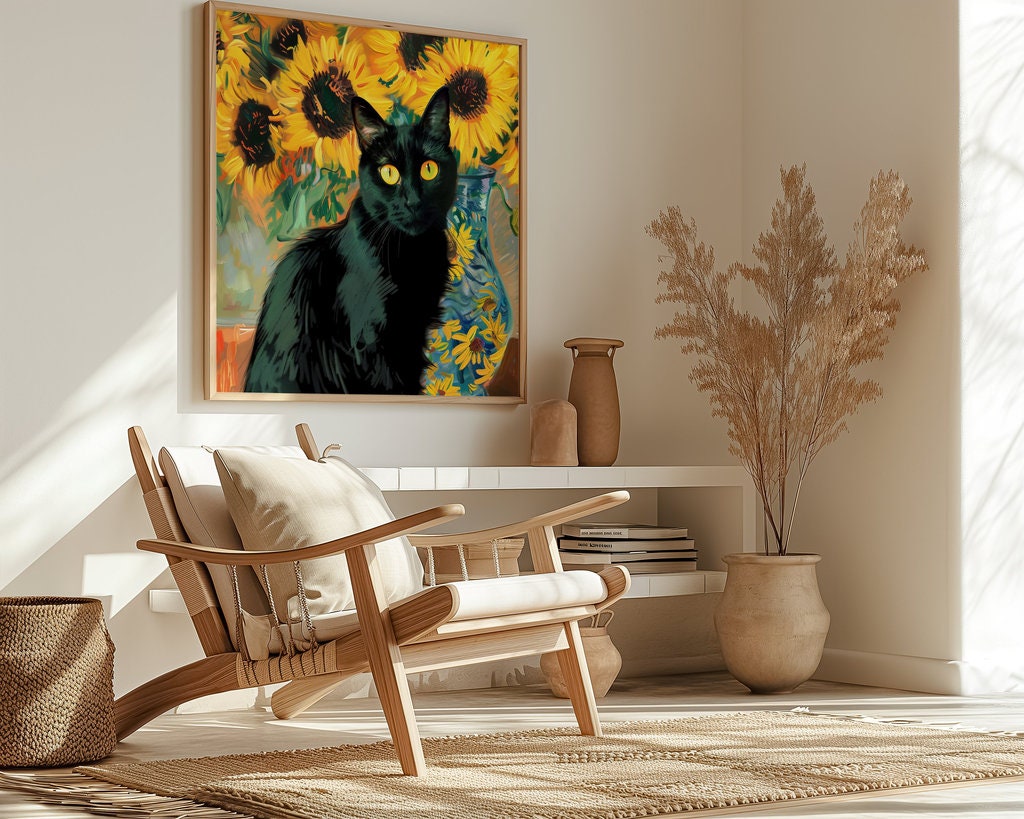 Sunflower Sentinel Black Cat and Blossoms Interactive Wall Art