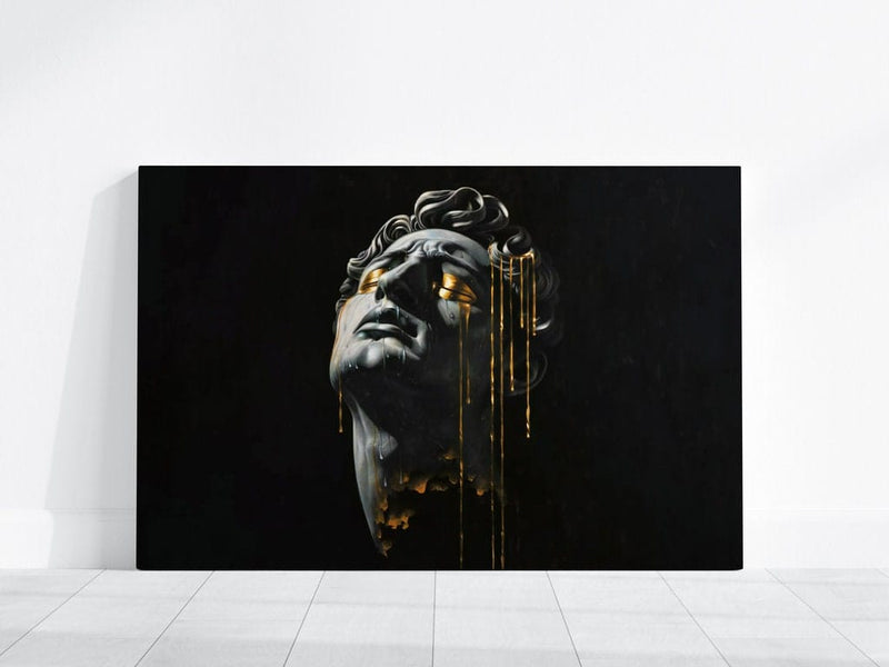 Surreal Noir Portrait - Moody Dark Wall Art With Glowing Gold Eyes & Golden Tears