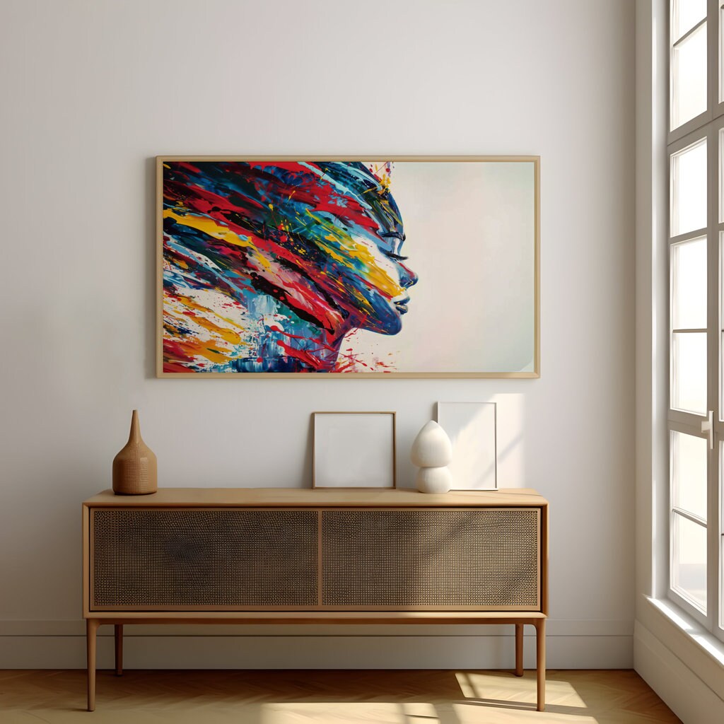 Vibrant Abstract Face Expressive Brushstrokes and Splatters Interactive Wall Art