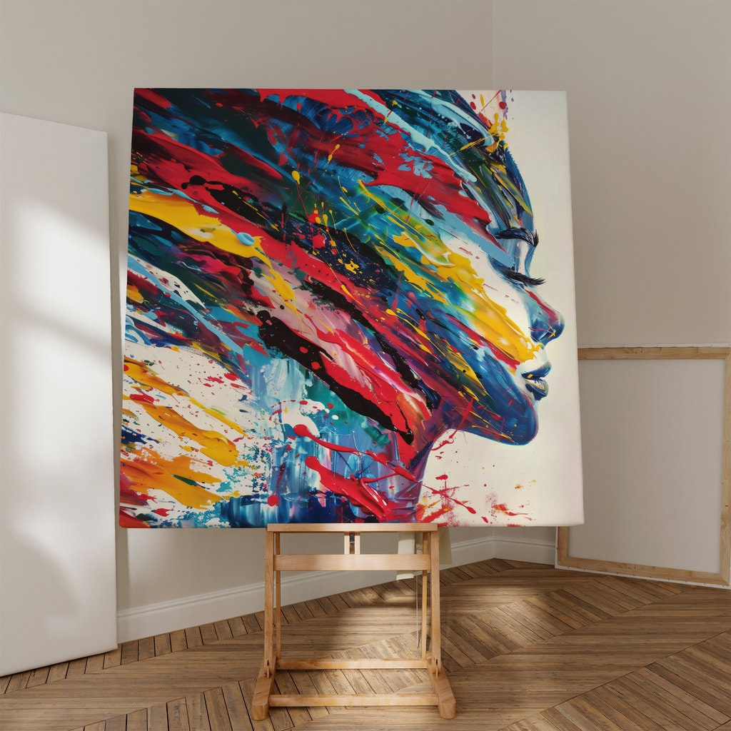 Vibrant Abstract Face Expressive Brushstrokes and Splatters Interactive Wall Art