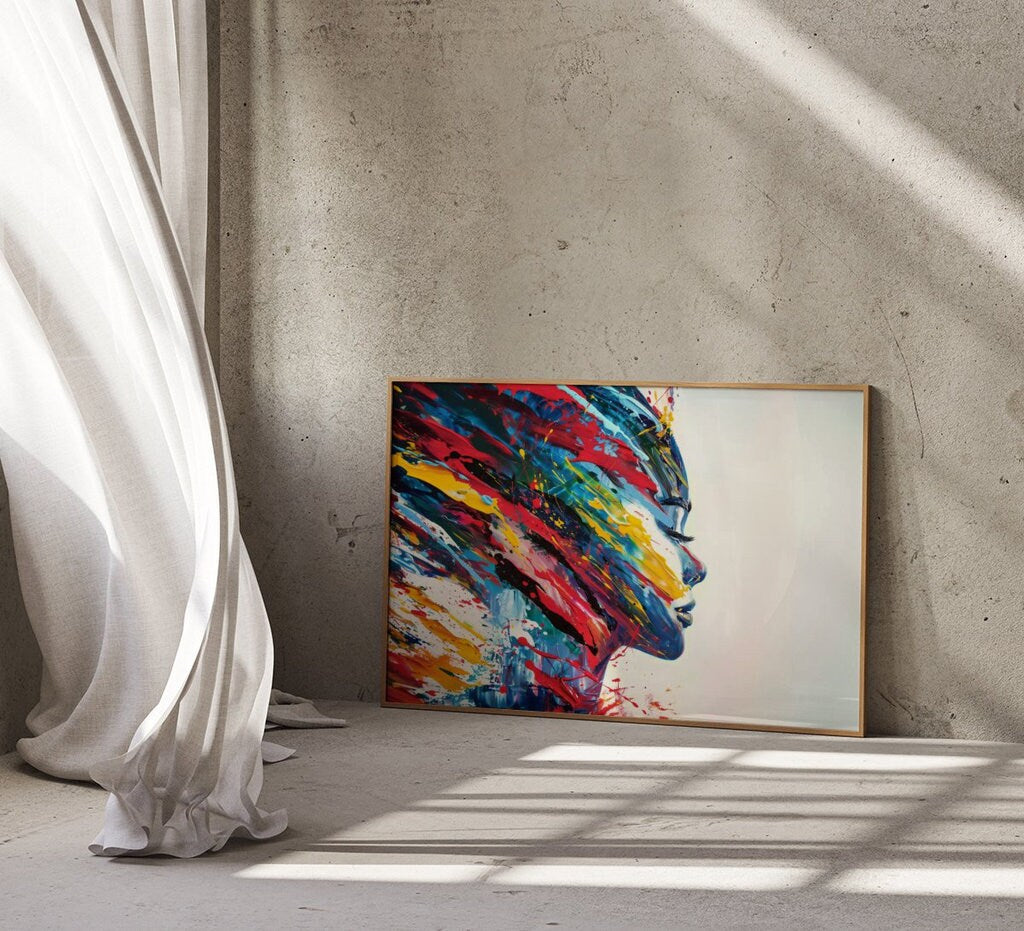 Vibrant Abstract Face Expressive Brushstrokes and Splatters Interactive Wall Art