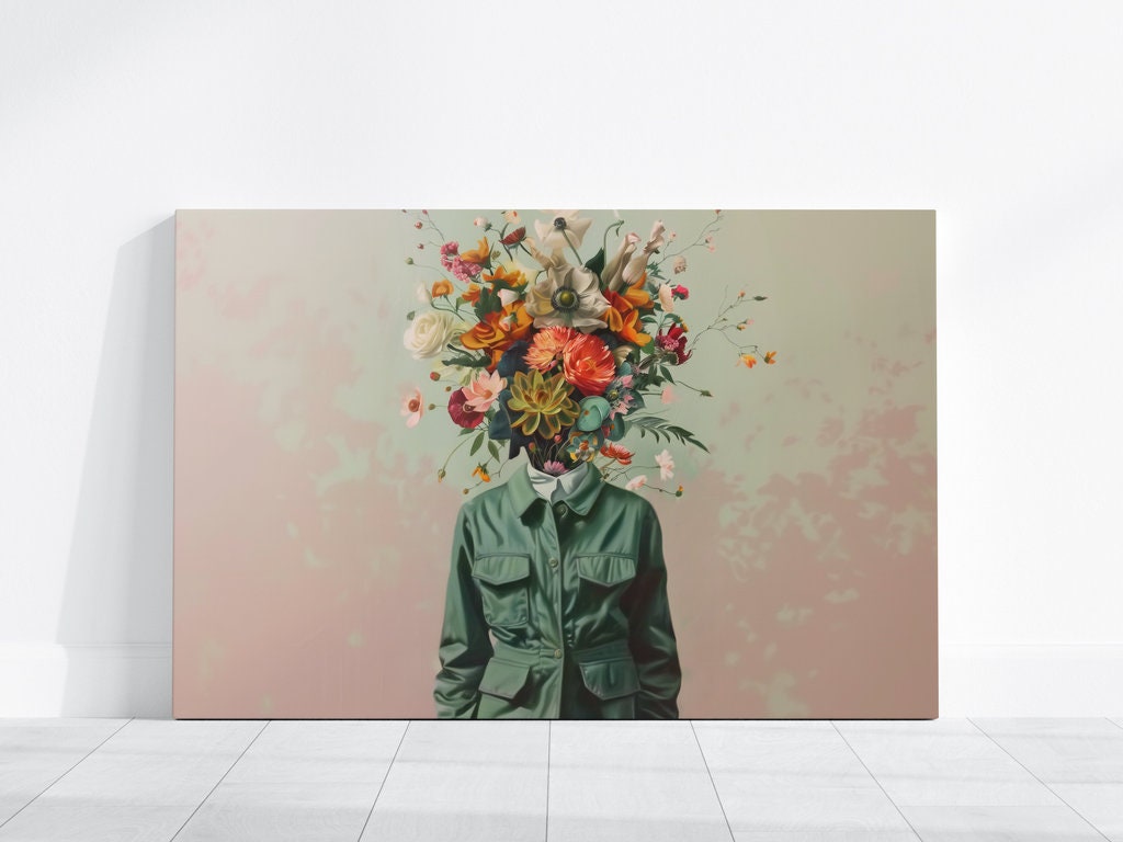 The Blooming Mind: Surreal Flower Head Portrait | Whimsical & Modern Wall Art