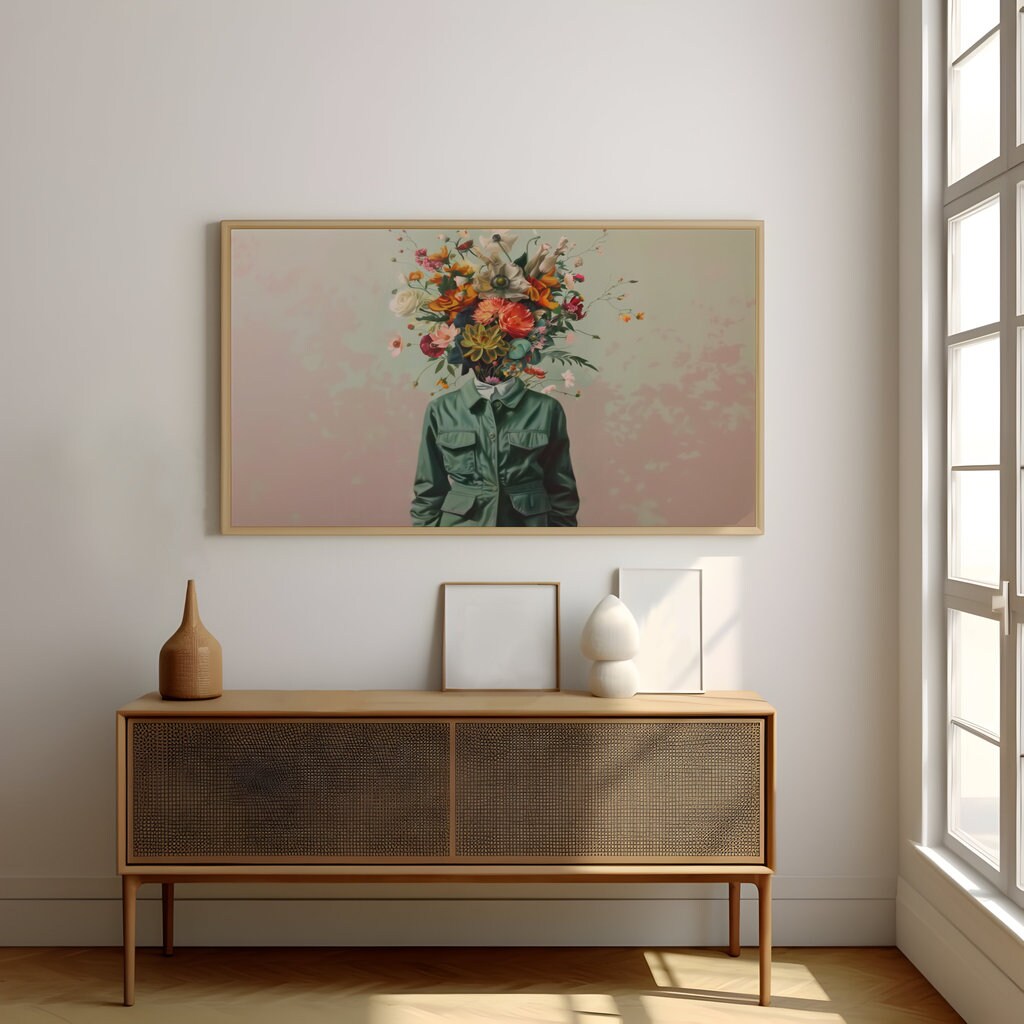 The Blooming Mind: Surreal Flower Head Portrait | Whimsical & Modern Wall Art