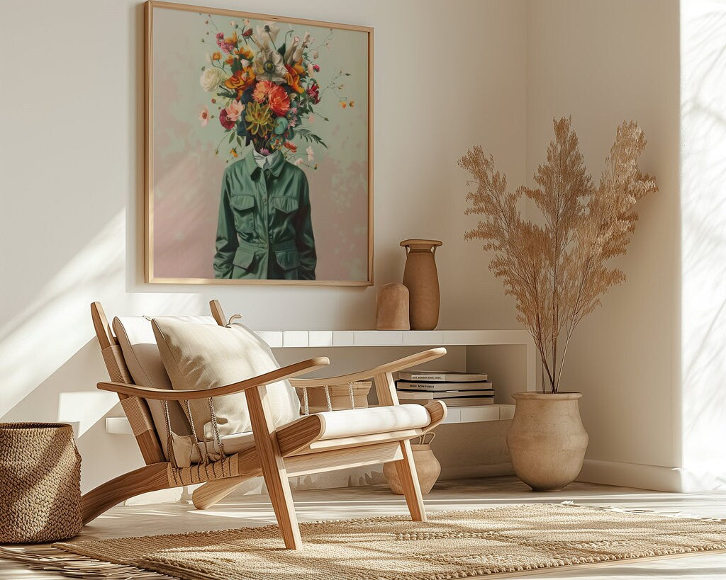 The Blooming Mind: Surreal Flower Head Portrait | Whimsical & Modern Wall Art