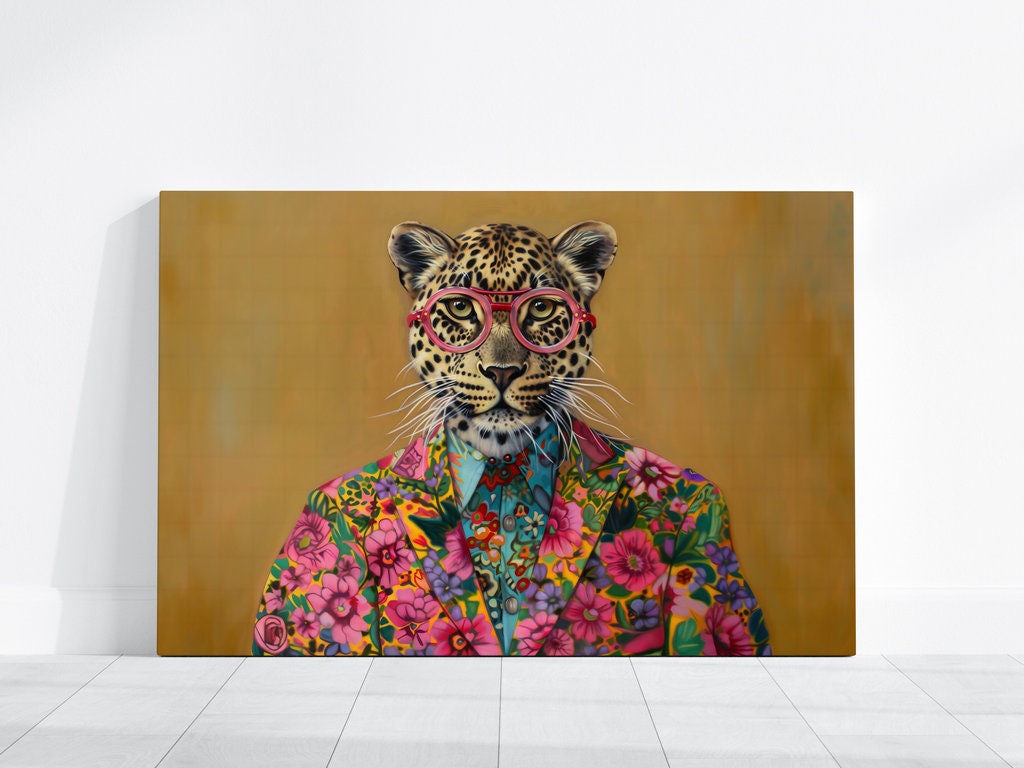 Leopard in Floral Jacket and Pink Glasses Bold and Stylish Animal Portrait Interactive Wall Art