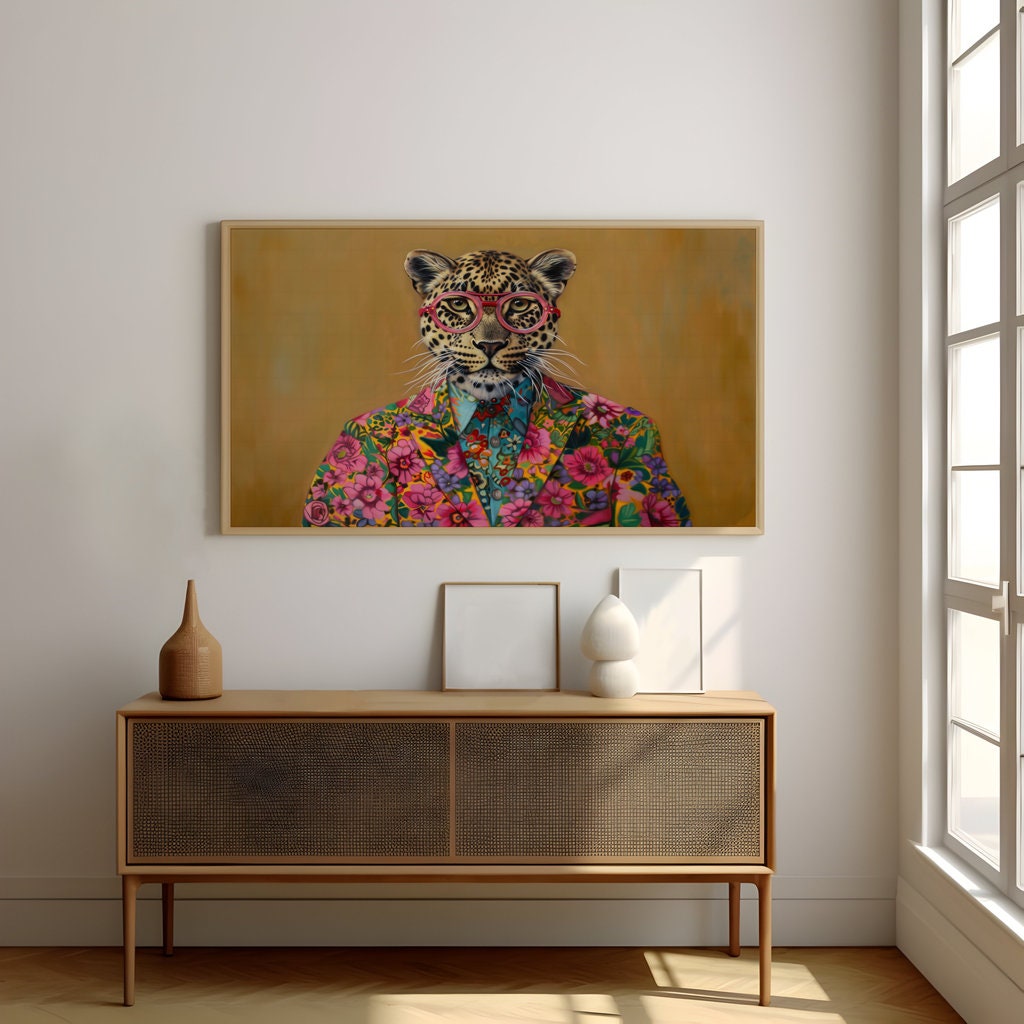 Leopard in Floral Jacket and Pink Glasses Bold and Stylish Animal Portrait Interactive Wall Art