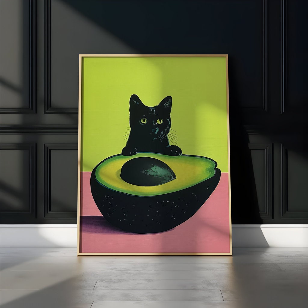 The Avocado Cat: Whimsical Black Cat & Avocado Pop Art | Fun & Playful Kitchen Decor