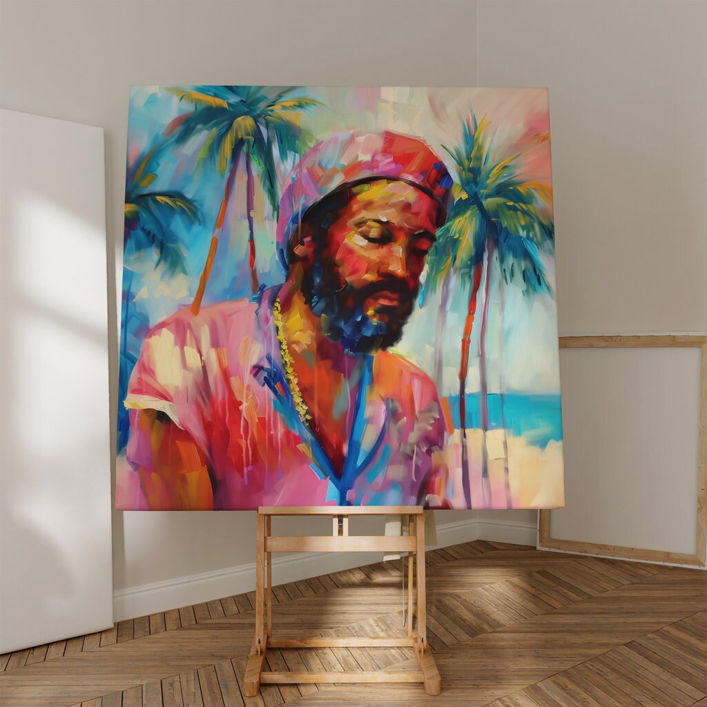 Tropical Joy: Vibrant Man & Palm Trees Art | Colorful & Exuberant Wall Decor