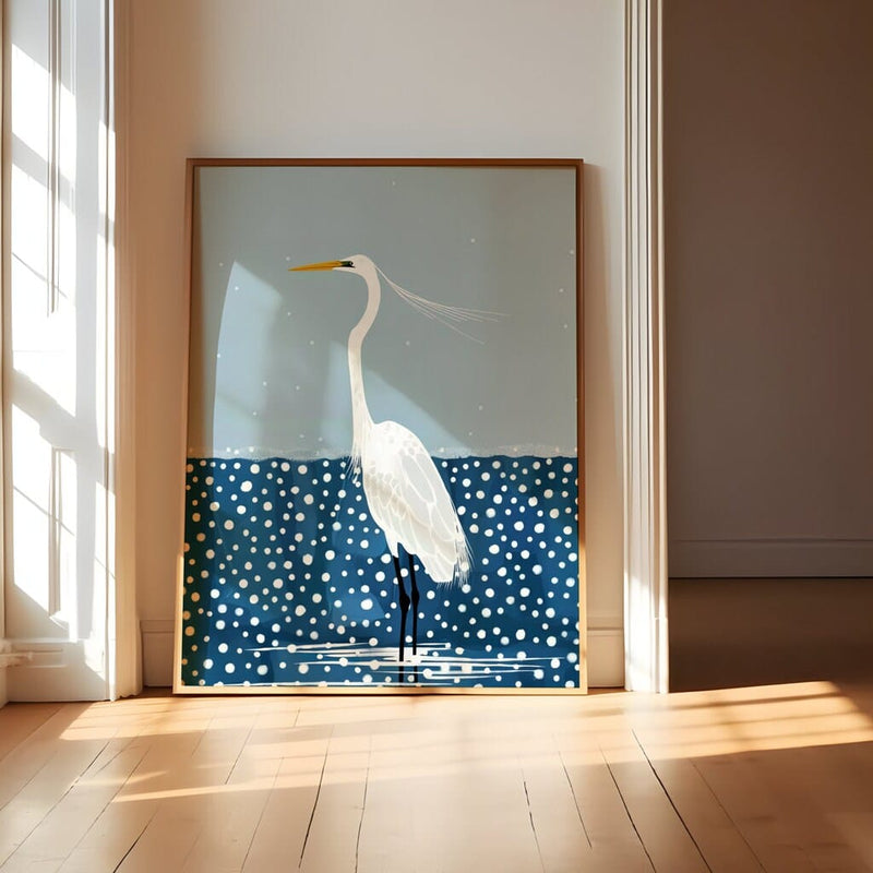 Minimalist White Heron Art – Serene Snowy Landscape Print | Elegant Bird Painting