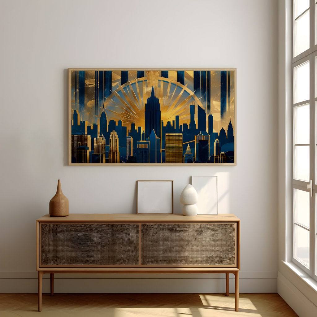 Golden Art Deco Cityscape - Vibrant Skyline and Dramatic Light Burst Art, Framed Art, Canvas, Immersive Art, QR code Live Art