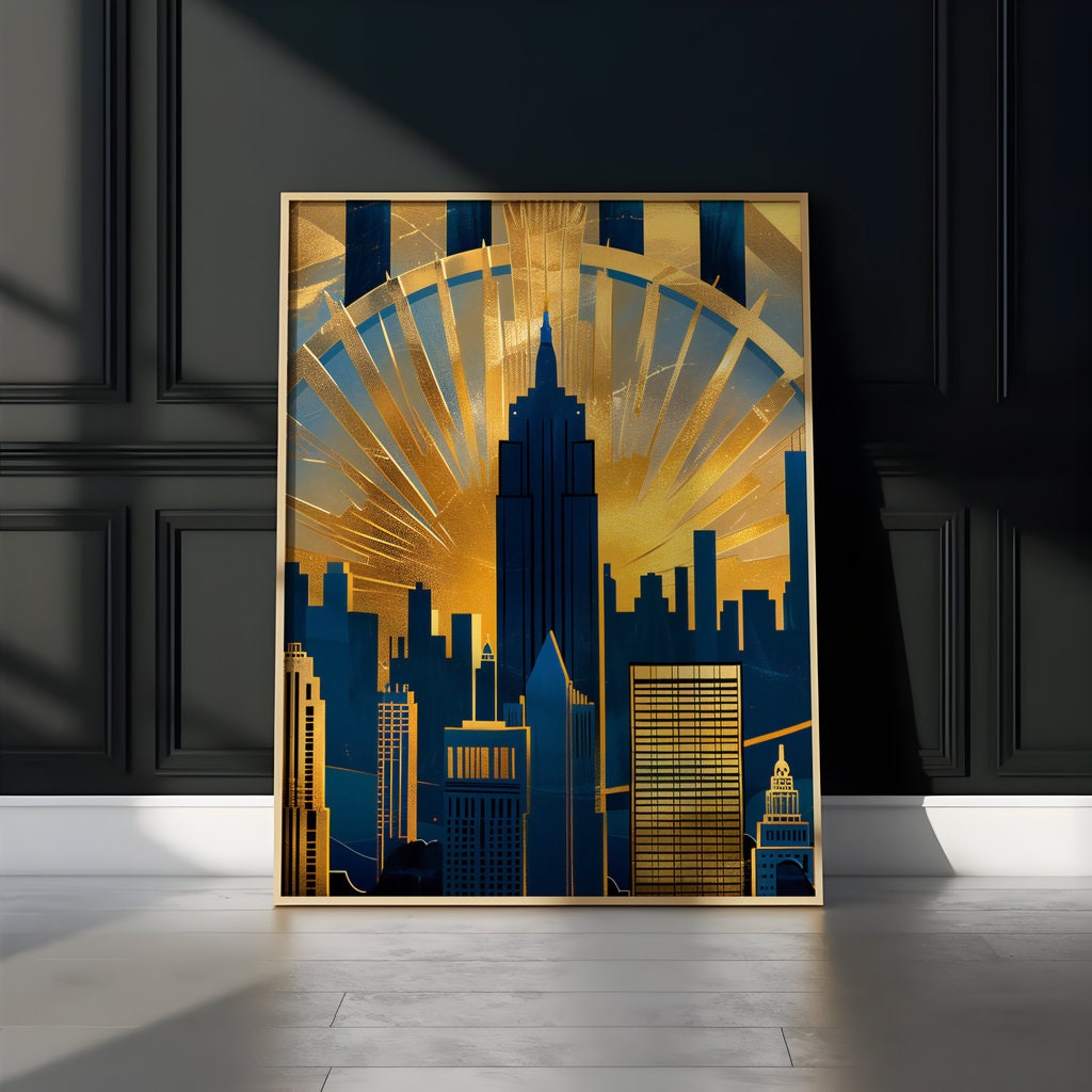 Golden Art Deco Cityscape - Vibrant Skyline and Dramatic Light Burst Art, Framed Art, Canvas, Immersive Art, QR code Live Art