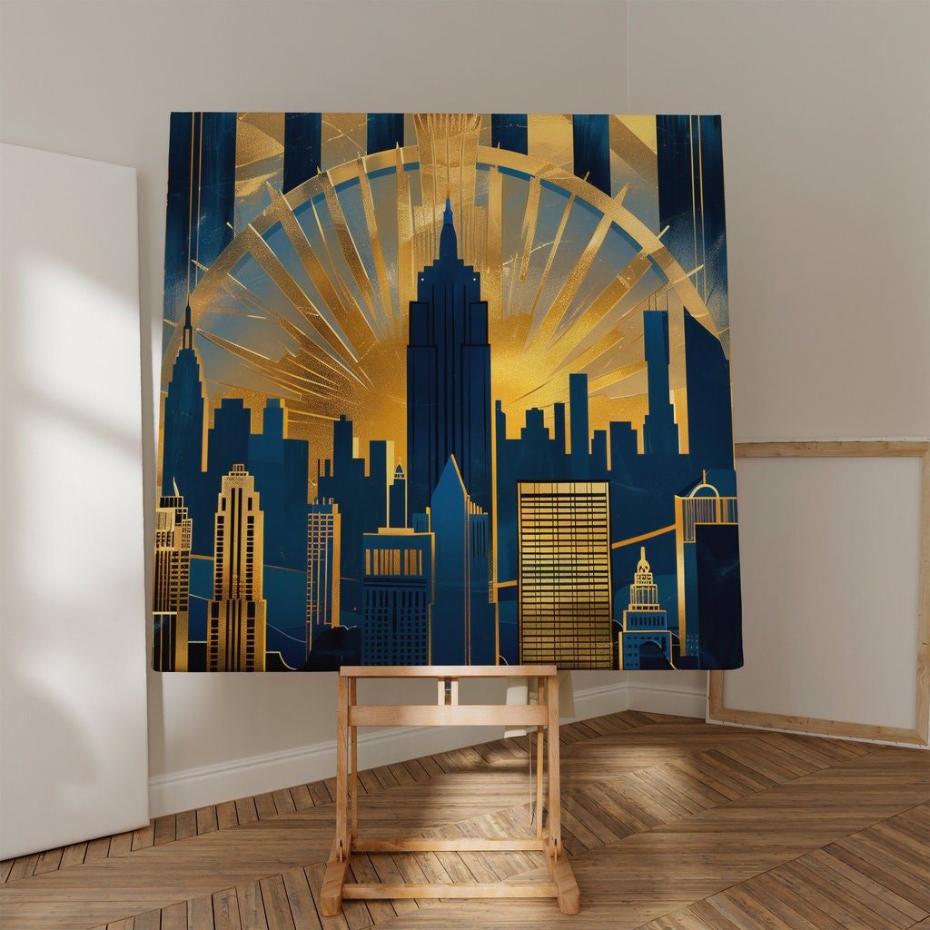 Golden Art Deco Cityscape - Vibrant Skyline and Dramatic Light Burst Art, Framed Art, Canvas, Immersive Art, QR code Live Art