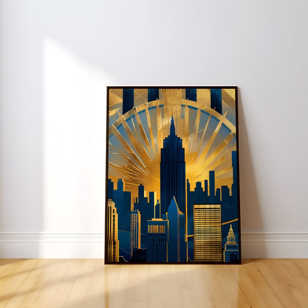 Golden Art Deco Cityscape - Vibrant Skyline and Dramatic Light Burst Art, Framed Art, Canvas, Immersive Art, QR code Live Art