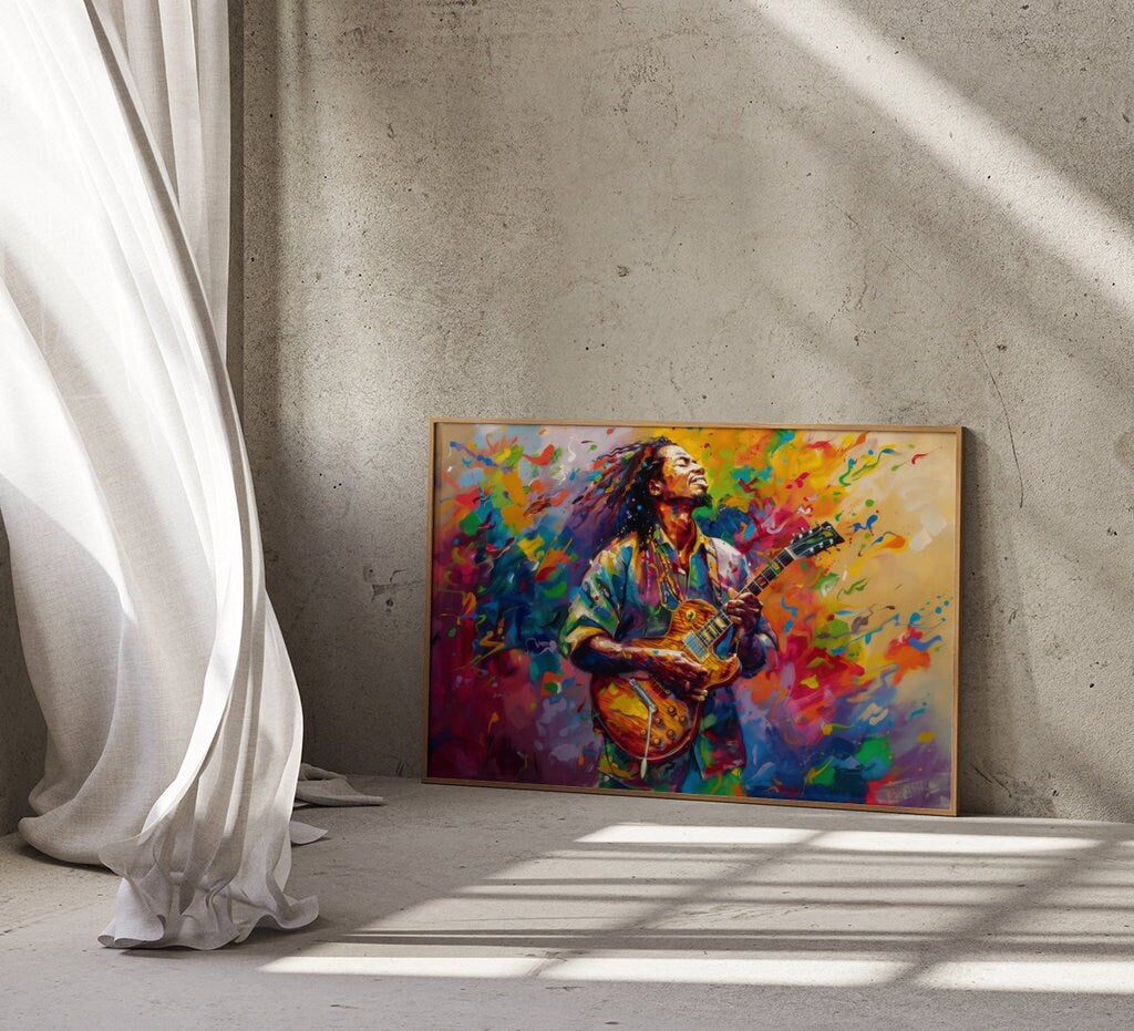 Dynamic Musician with Dreadlocks Vibrant Guitar Performance Interactive Wall Art