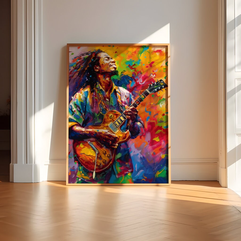 Dynamic Musician with Dreadlocks Vibrant Guitar Performance Interactive Wall Art