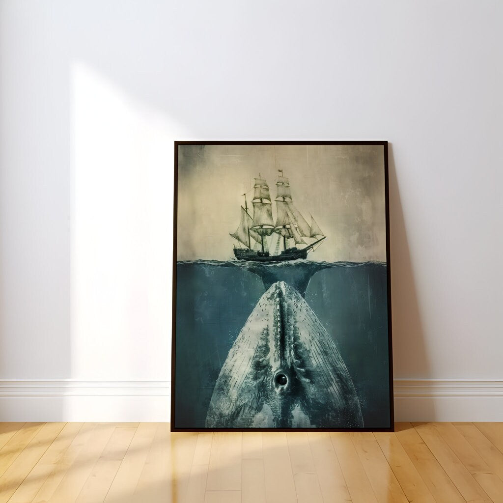 Mystery Beneath the Waves Massive Whale Swimming Below Sailing Ship Interactive Wall Art