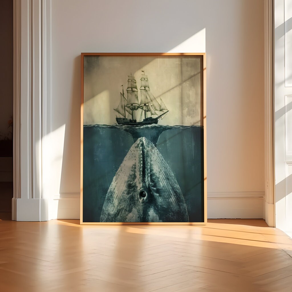 Mystery Beneath the Waves Massive Whale Swimming Below Sailing Ship Interactive Wall Art