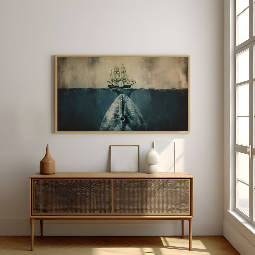 Mystery Beneath the Waves Massive Whale Swimming Below Sailing Ship Interactive Wall Art