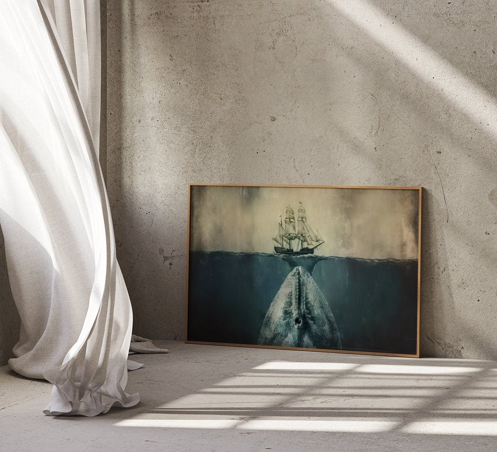 Mystery Beneath the Waves Massive Whale Swimming Below Sailing Ship Interactive Wall Art