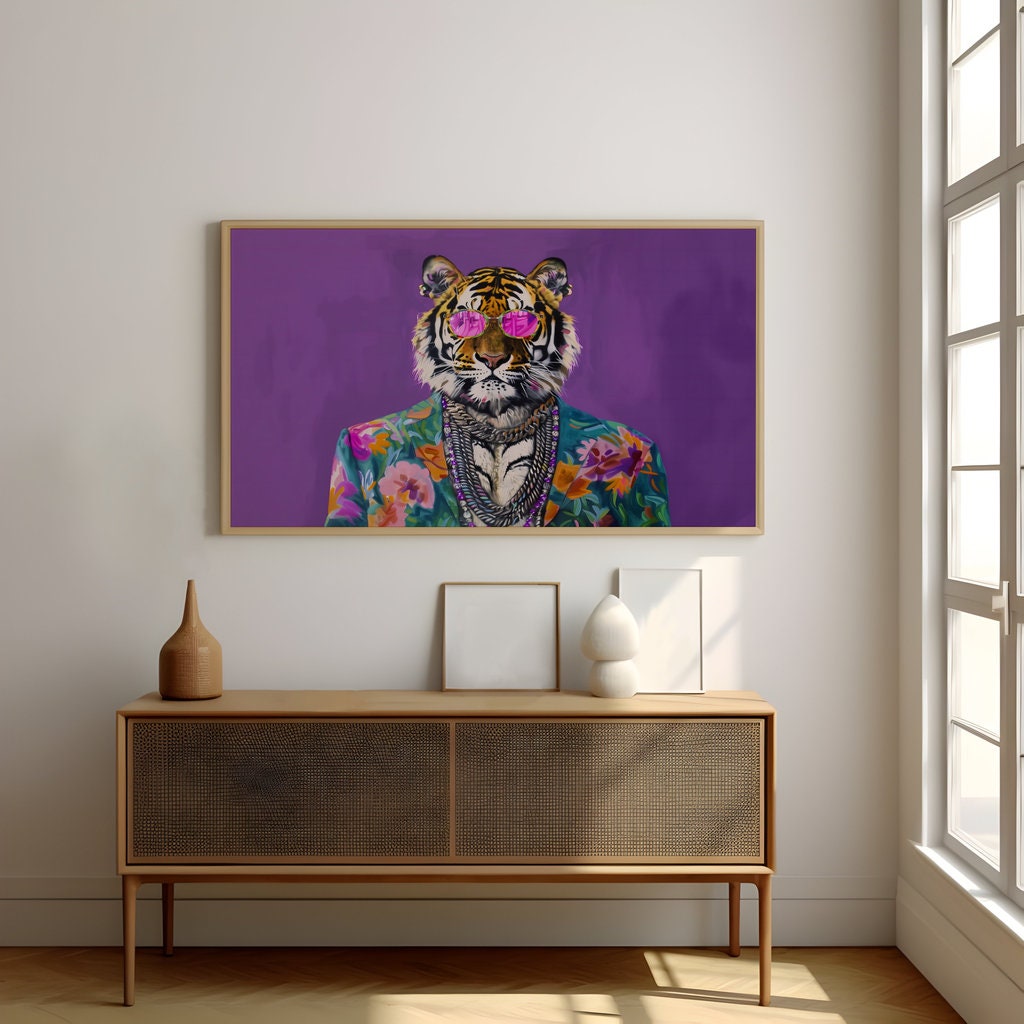 Stylish Tiger in Sunglasses Bold and Colorful Interactive Wall Art