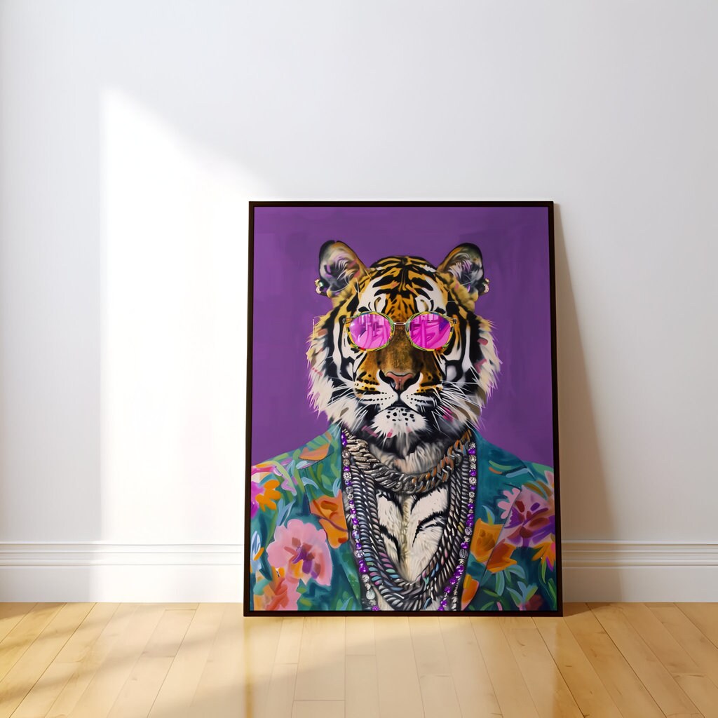 Stylish Tiger in Sunglasses Bold and Colorful Interactive Wall Art