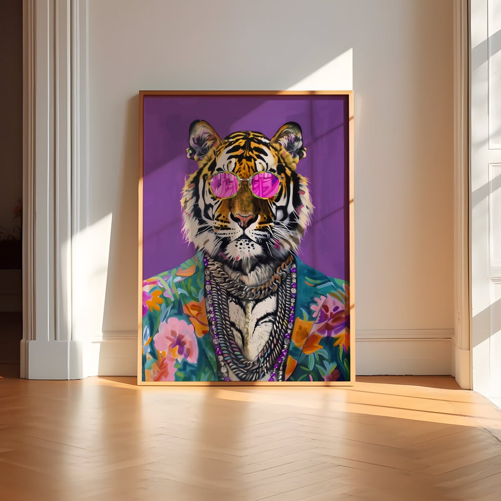 Stylish Tiger in Sunglasses Bold and Colorful Interactive Wall Art