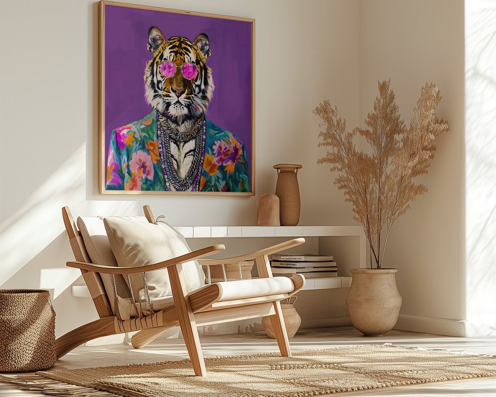 Stylish Tiger in Sunglasses Bold and Colorful Interactive Wall Art