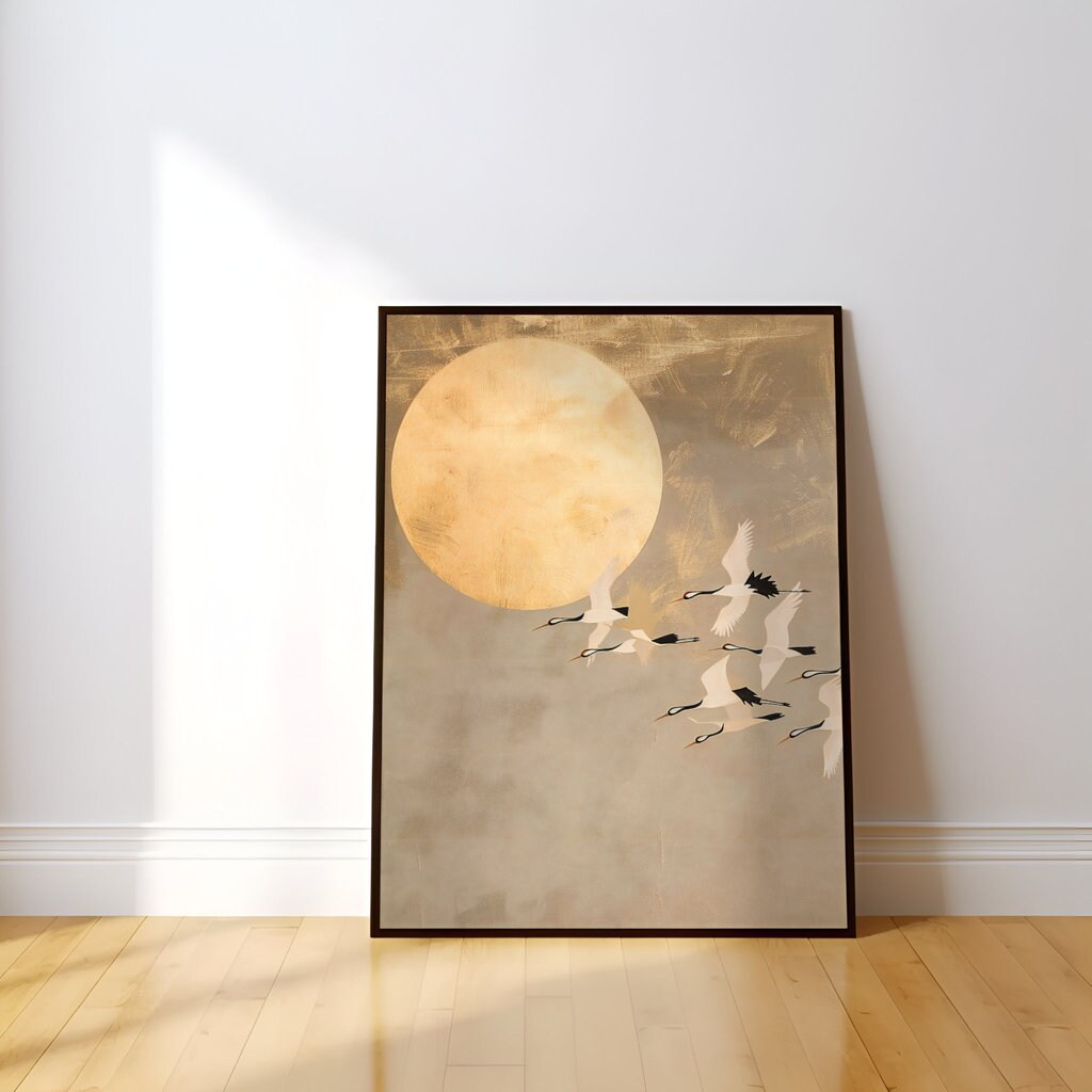 Golden Moon Flight Cranes in Traditional Japanese Painting Style Interactive Wall Art