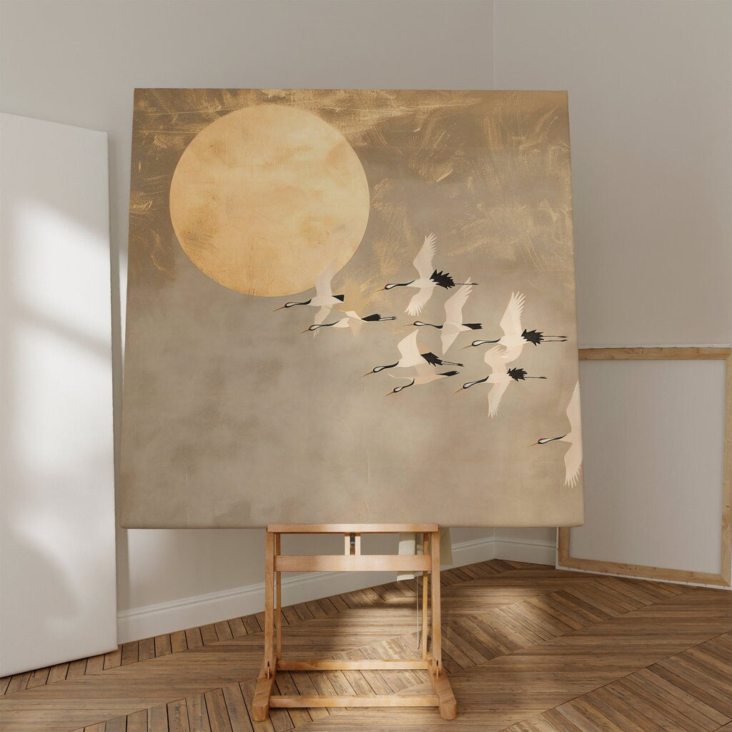 Golden Moon Flight Cranes in Traditional Japanese Painting Style Interactive Wall Art